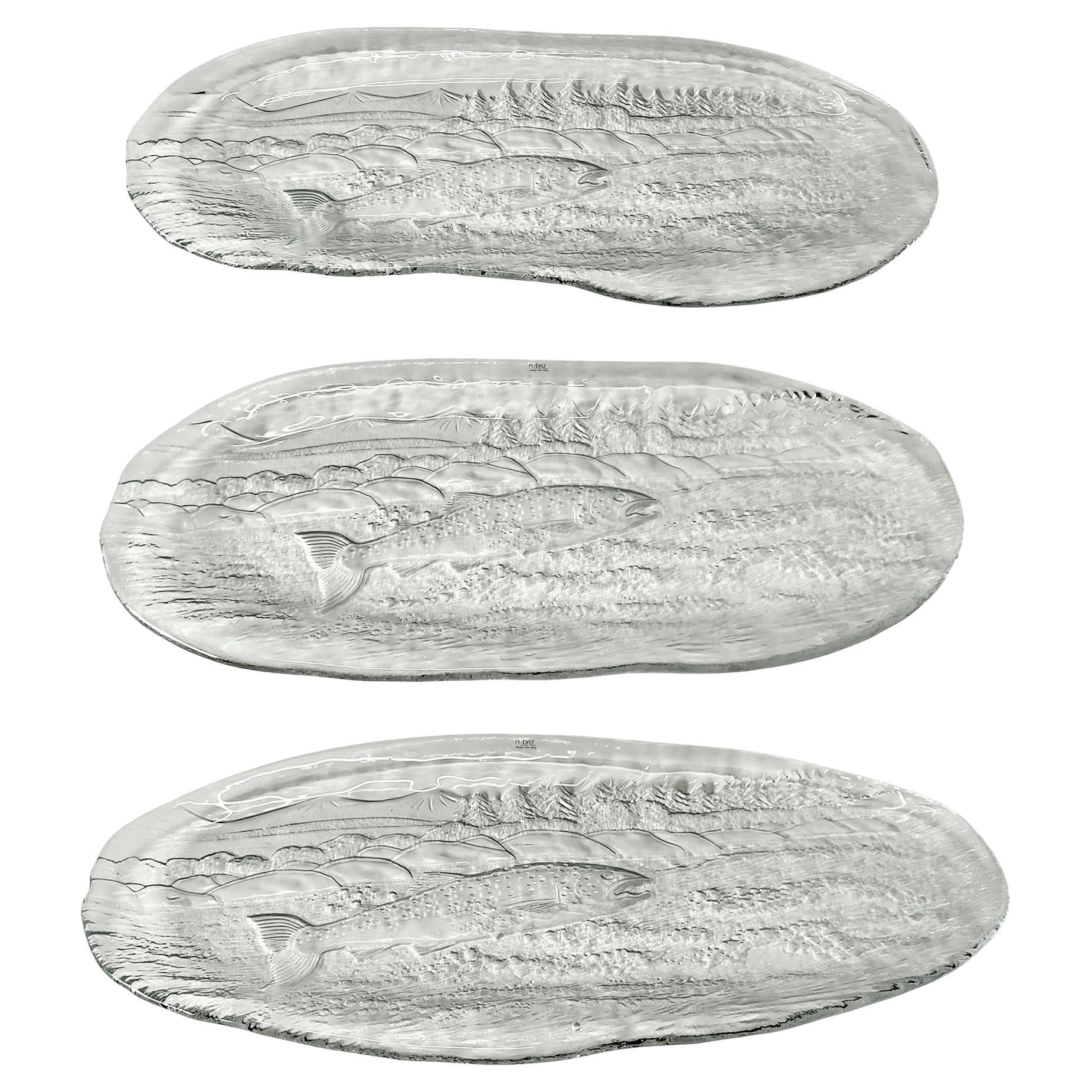 Juego de tres platos salmón vintage, cristal, Paul Isling para Nybro Glasbruk en venta