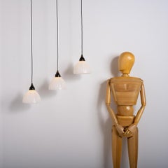 Set Of Three Vintage Satin Fluted Opaline Pendant Lights By Gec