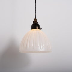 Set Of Three Vintage Satin Fluted Opaline Pendant Lights By Gec