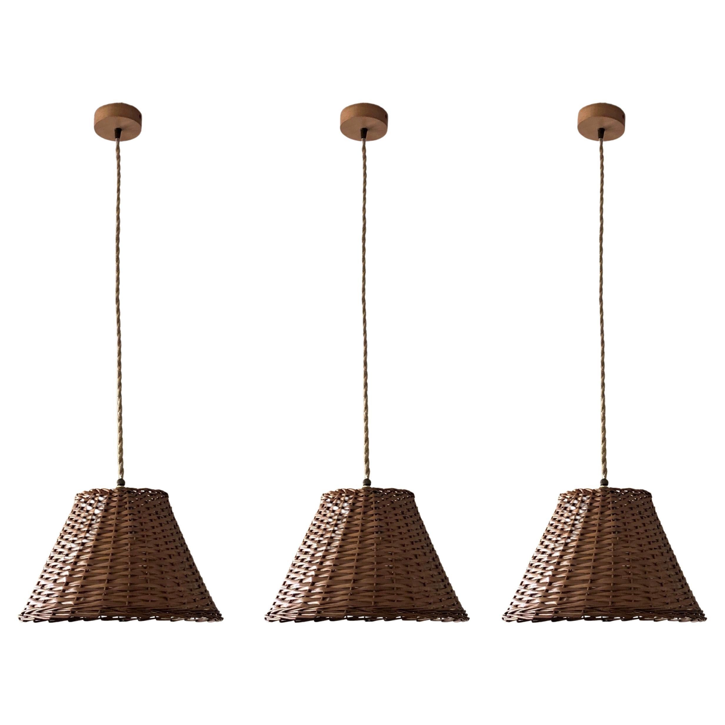 Set of Three Midcentury Scandinavian Rattan Pendants, 1960s