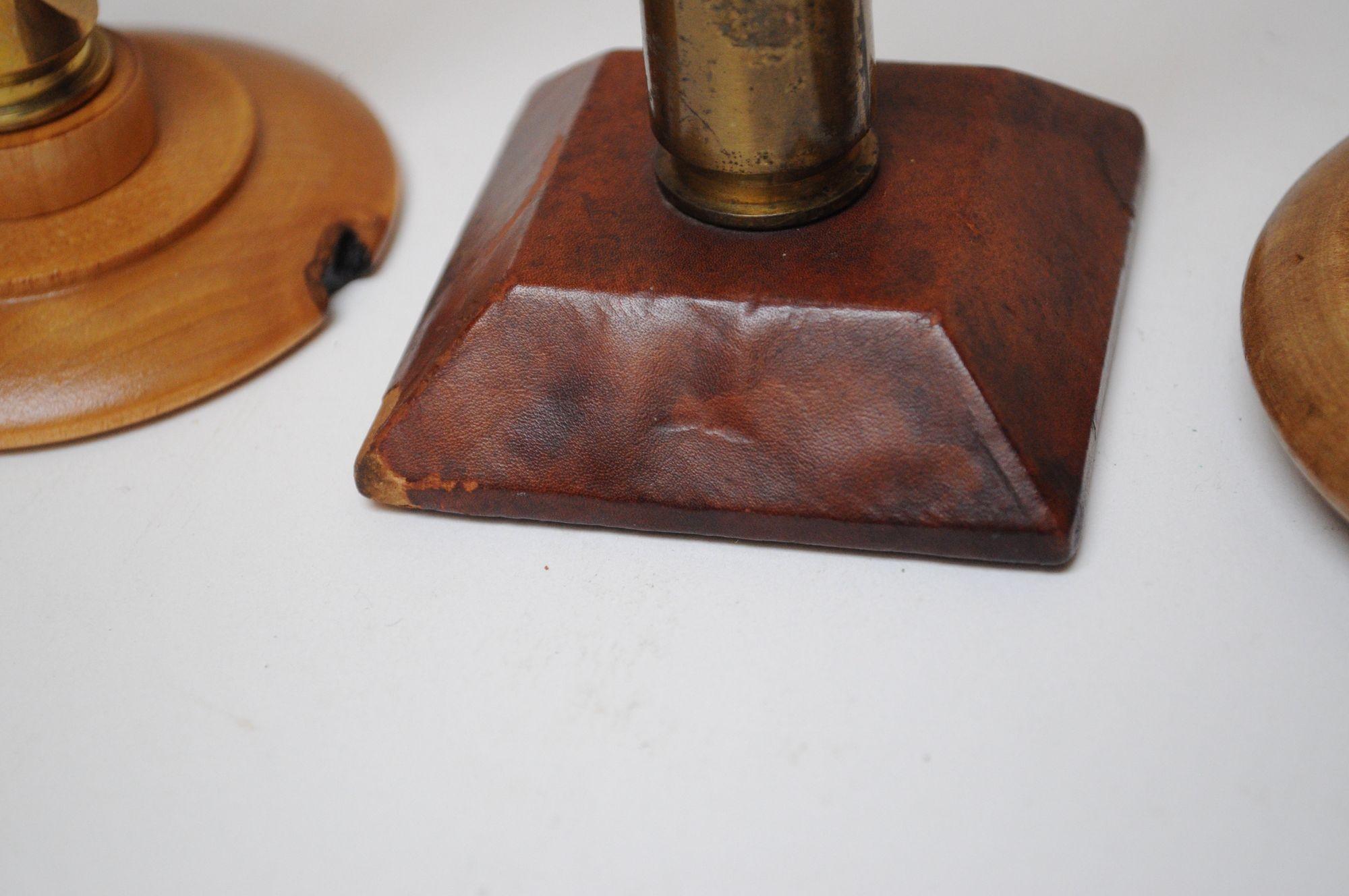 Set of Three Vintage Trench Art Bullet Casing Paperweights and Flint Lighter For Sale 13