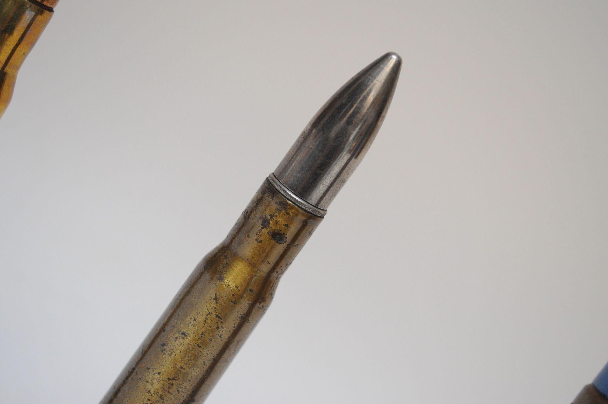 Set of Three Vintage Trench Art Bullet Casing Paperweights and Flint Lighter For Sale 6