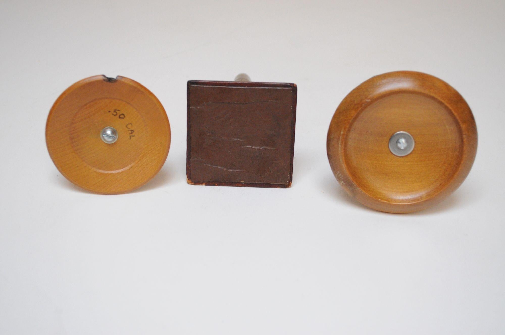Metal Set of Three Vintage Trench Art Bullet Casing Paperweights and Flint Lighter For Sale