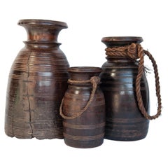 Set of Three Used Wooden Pots from West Nepal, Mid-20th Century