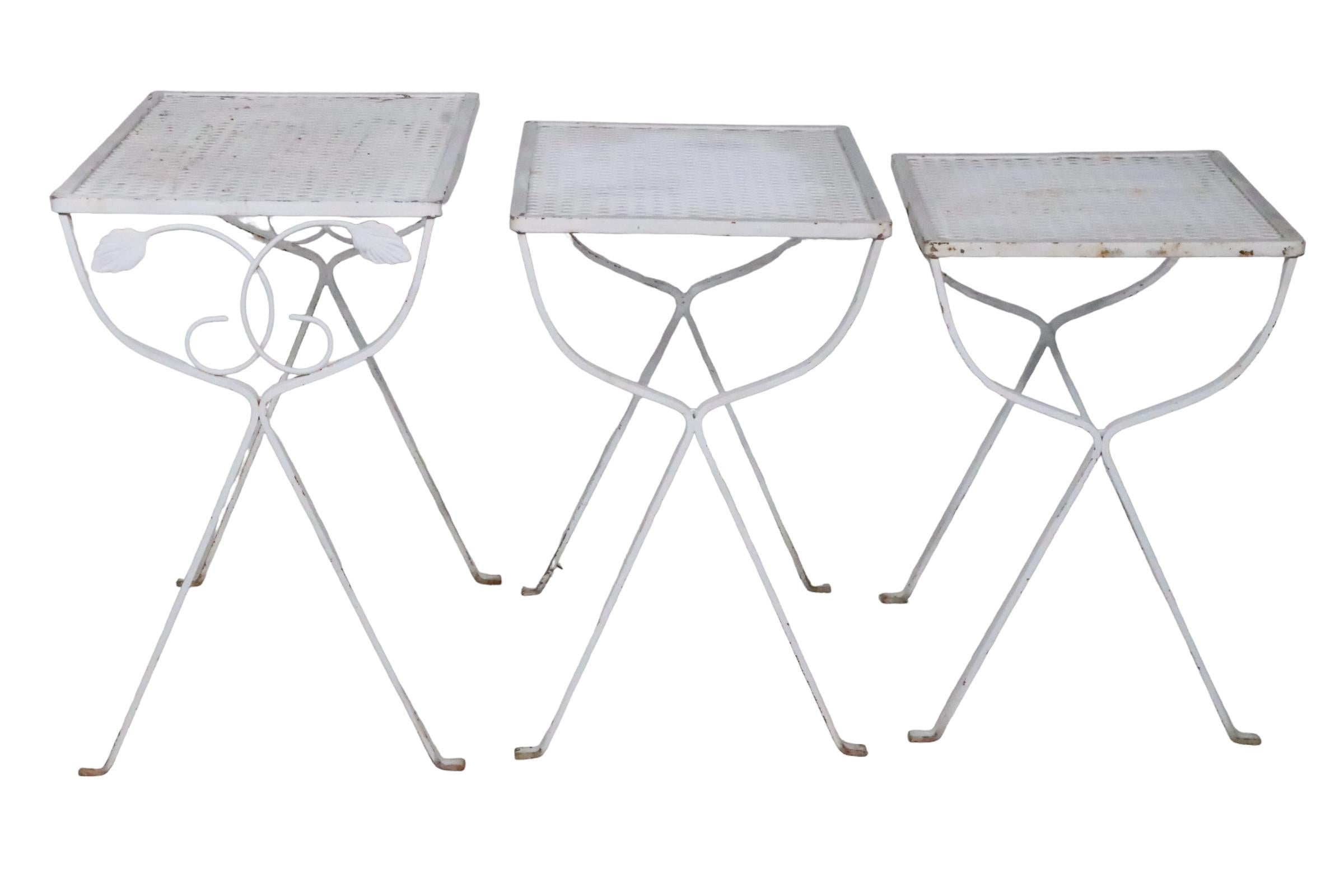 Mid-Century Modern Set of Three Vintage  Wrought Iron and Metal Mesh Garden Patio  Nesting Tables  For Sale