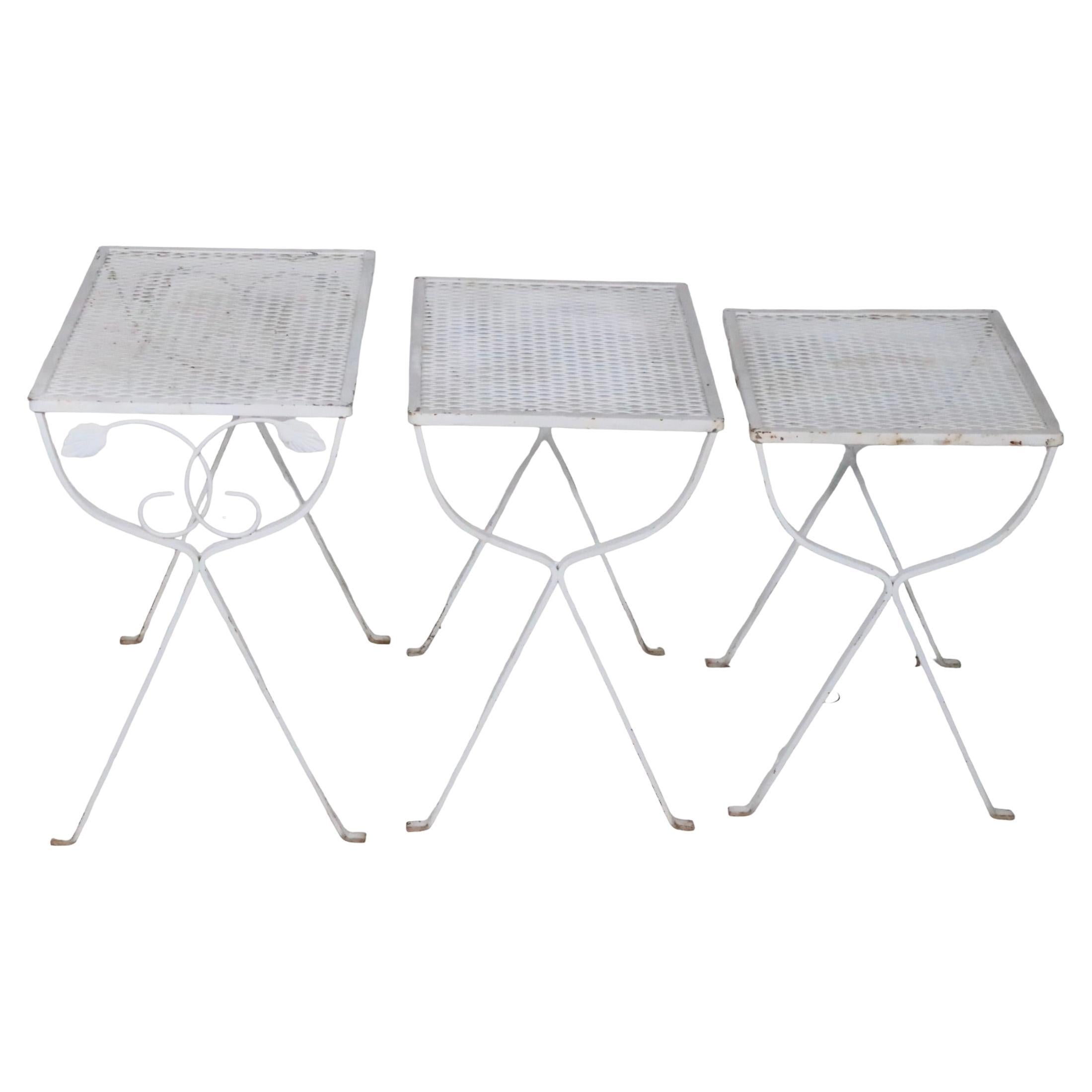 Set of Three Vintage  Wrought Iron and Metal Mesh Garden Patio  Nesting Tables  For Sale
