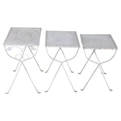 Set of Three Vintage  Wrought Iron and Metal Mesh Garden Patio  Nesting Tables 