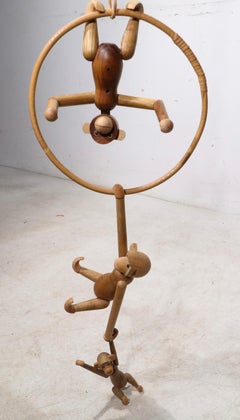 Set of Three Vintage Zoo Land Wood Monkeys with Wicker Chain after Kay Bojensen