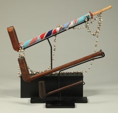 Set of Three Vintage Zulu Long Wood Pipes on Custom Stands Beads South Africa