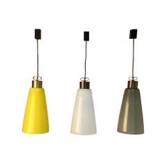 Set of Three Vistosi Bell Shape Pendants Lamp in Murano Glass and Brass