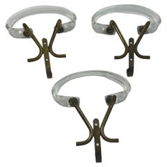 Set of Three Wall Coat Hooks, Lucite and Brass, Mid-Century Modern, 1960s