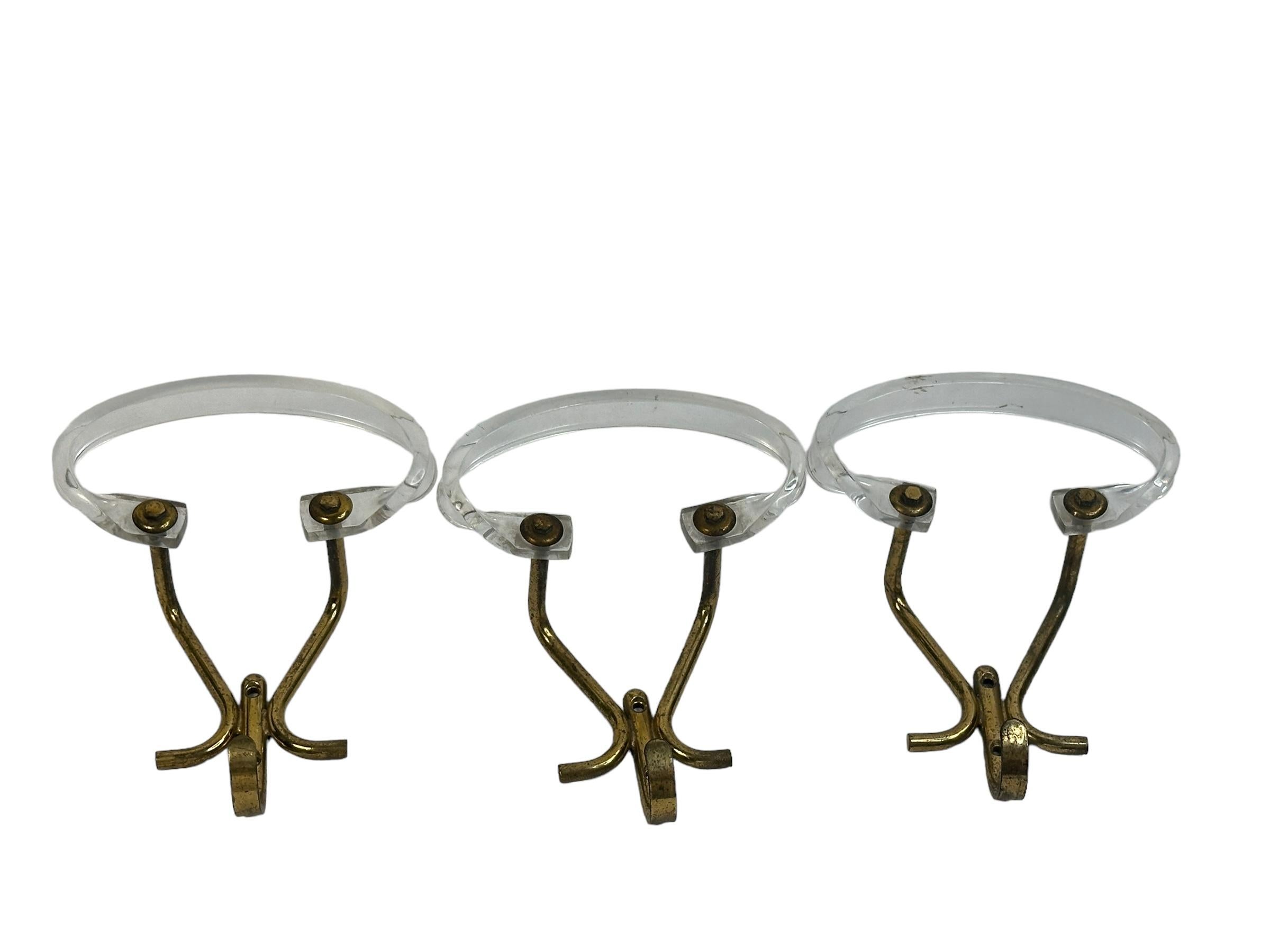 Italian Set of Three Wall Coat Hooks, Lucite and Brass, Mid-Century Modern, 1960s For Sale