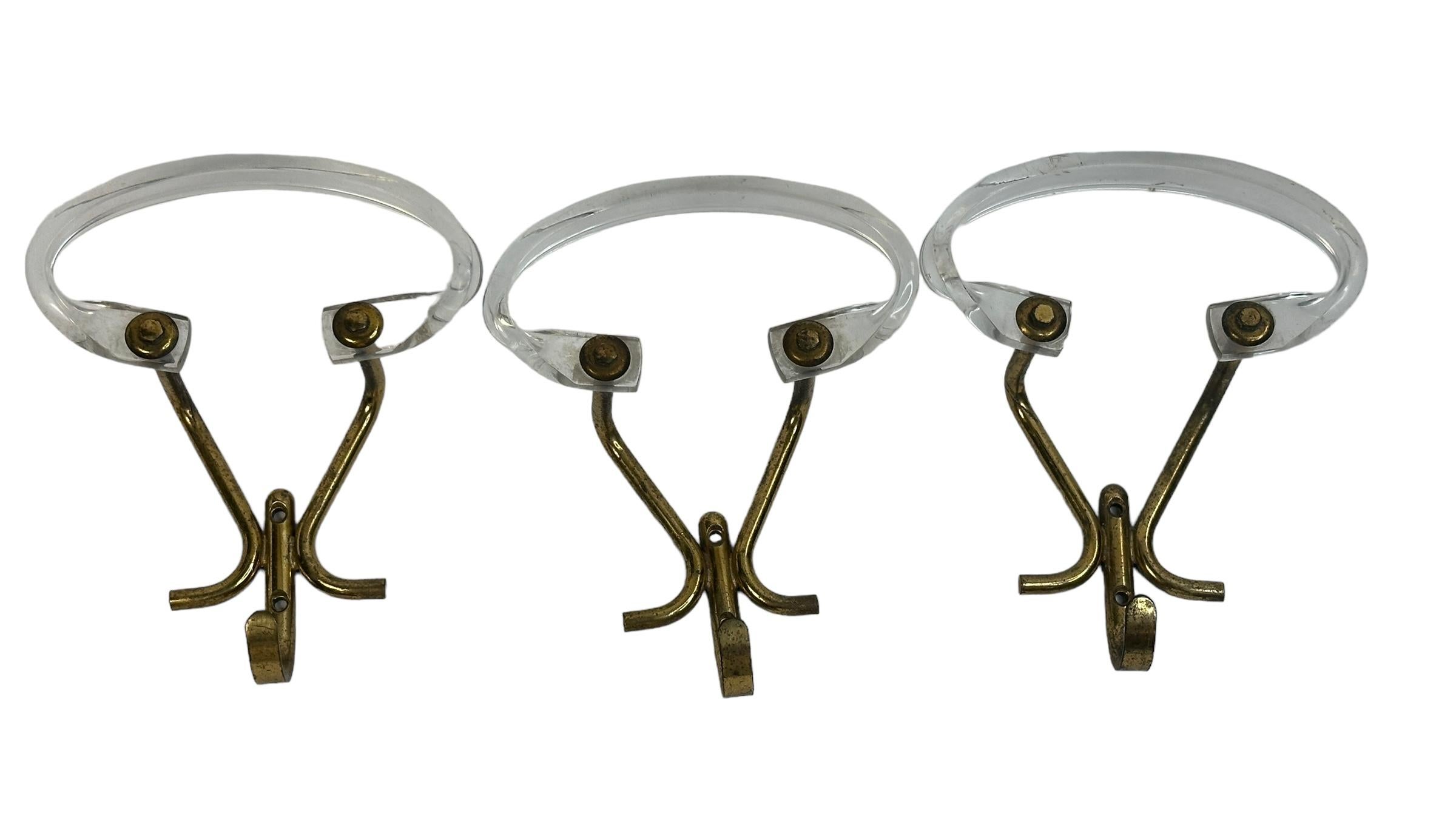 Mid-20th Century Set of Three Wall Coat Hooks, Lucite and Brass, Mid-Century Modern, 1960s For Sale