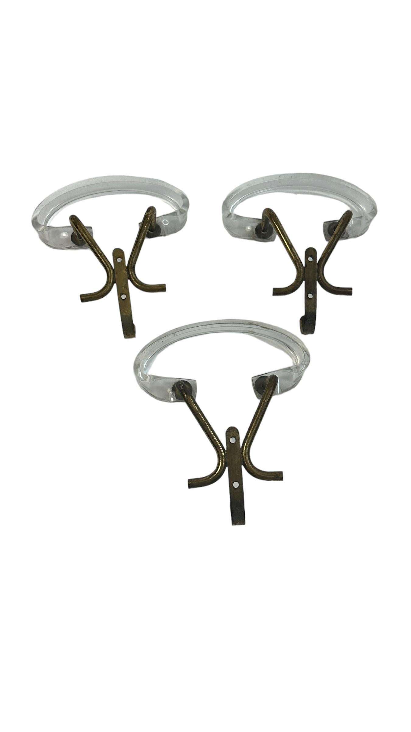 Metal Set of Three Wall Coat Hooks, Lucite and Brass, Mid-Century Modern, 1960s For Sale