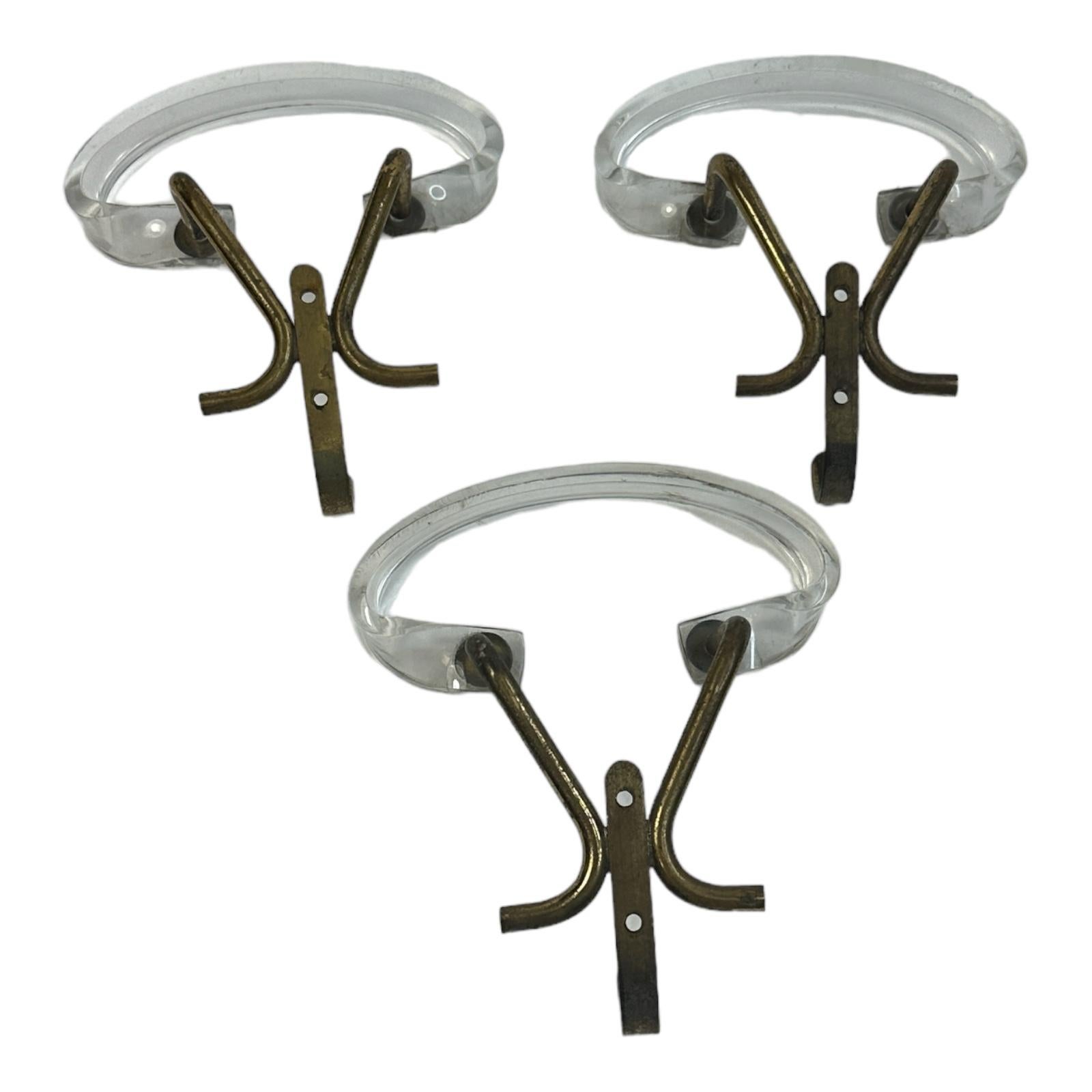 Set of Three Wall Coat Hooks, Lucite and Brass, Mid-Century Modern, 1960s For Sale 1