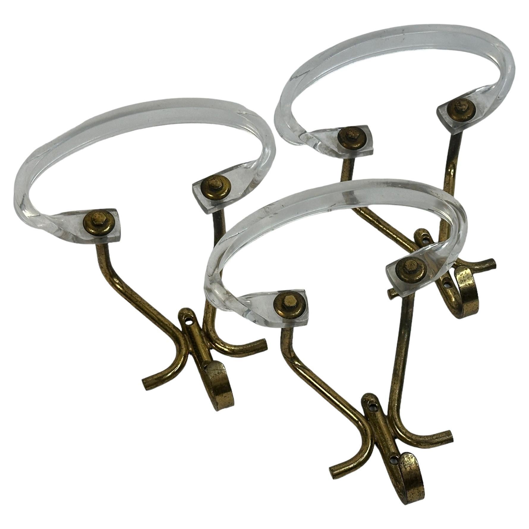 Set of Three Wall Coat Hooks, Lucite and Brass, Mid-Century Modern, 1960s For Sale