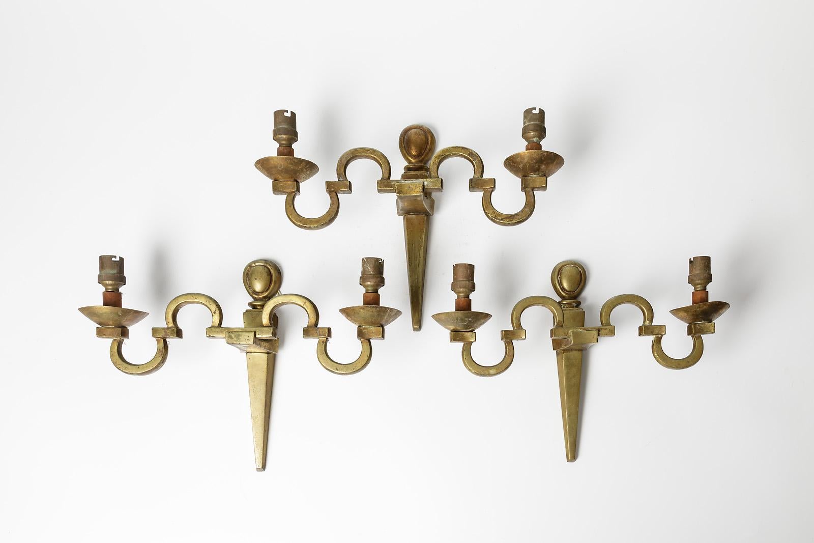 French Set of Three Wall Lights Xxth Century Golden Brass Style of Jansen Art Deco 1940 For Sale