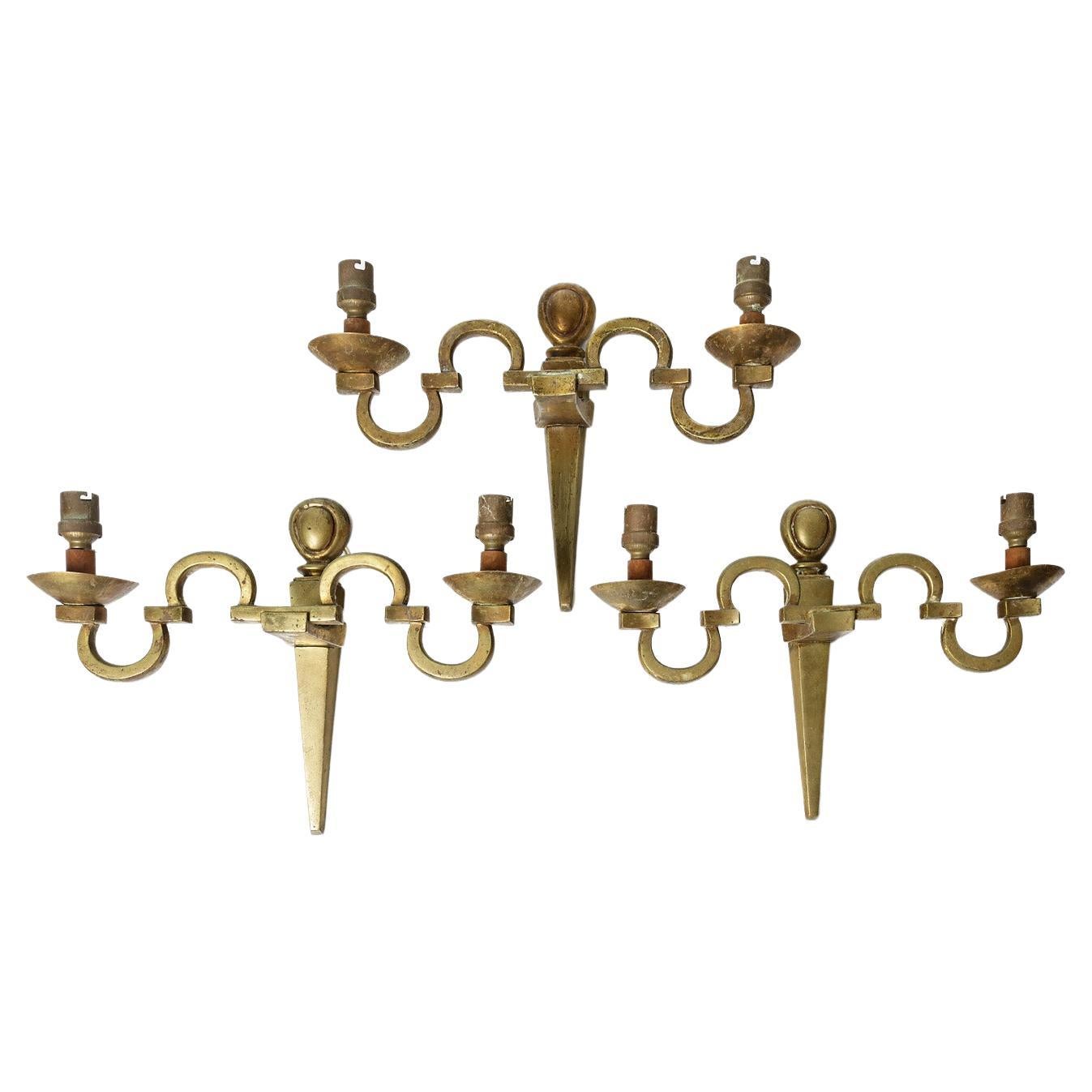 Set of Three Wall Lights Xxth Century Golden Brass Style of Jansen Art Deco 1940 For Sale