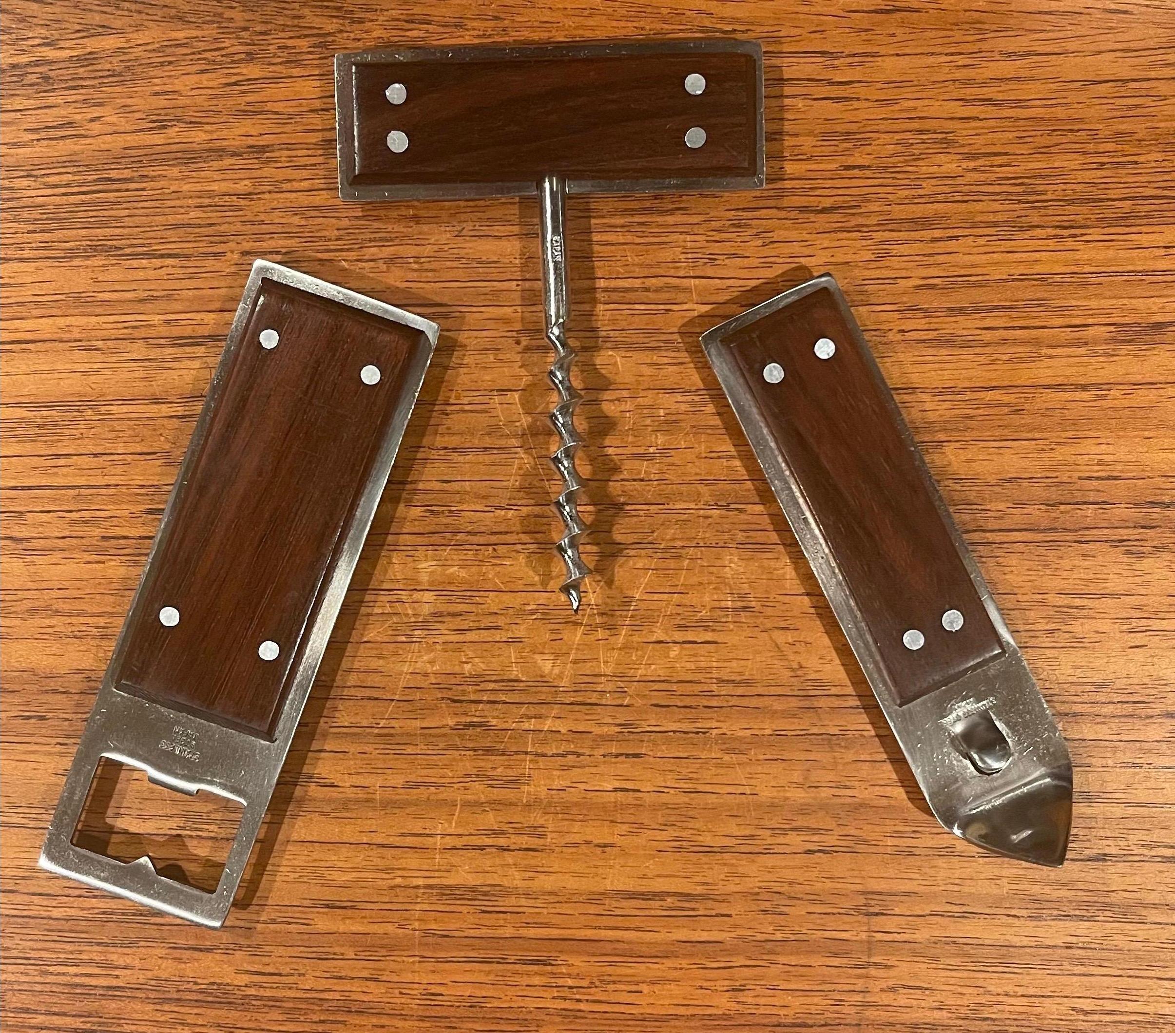 Set of Three Walnut & Stainless Steel Barware Tools from Japan In Good Condition For Sale In San Diego, CA