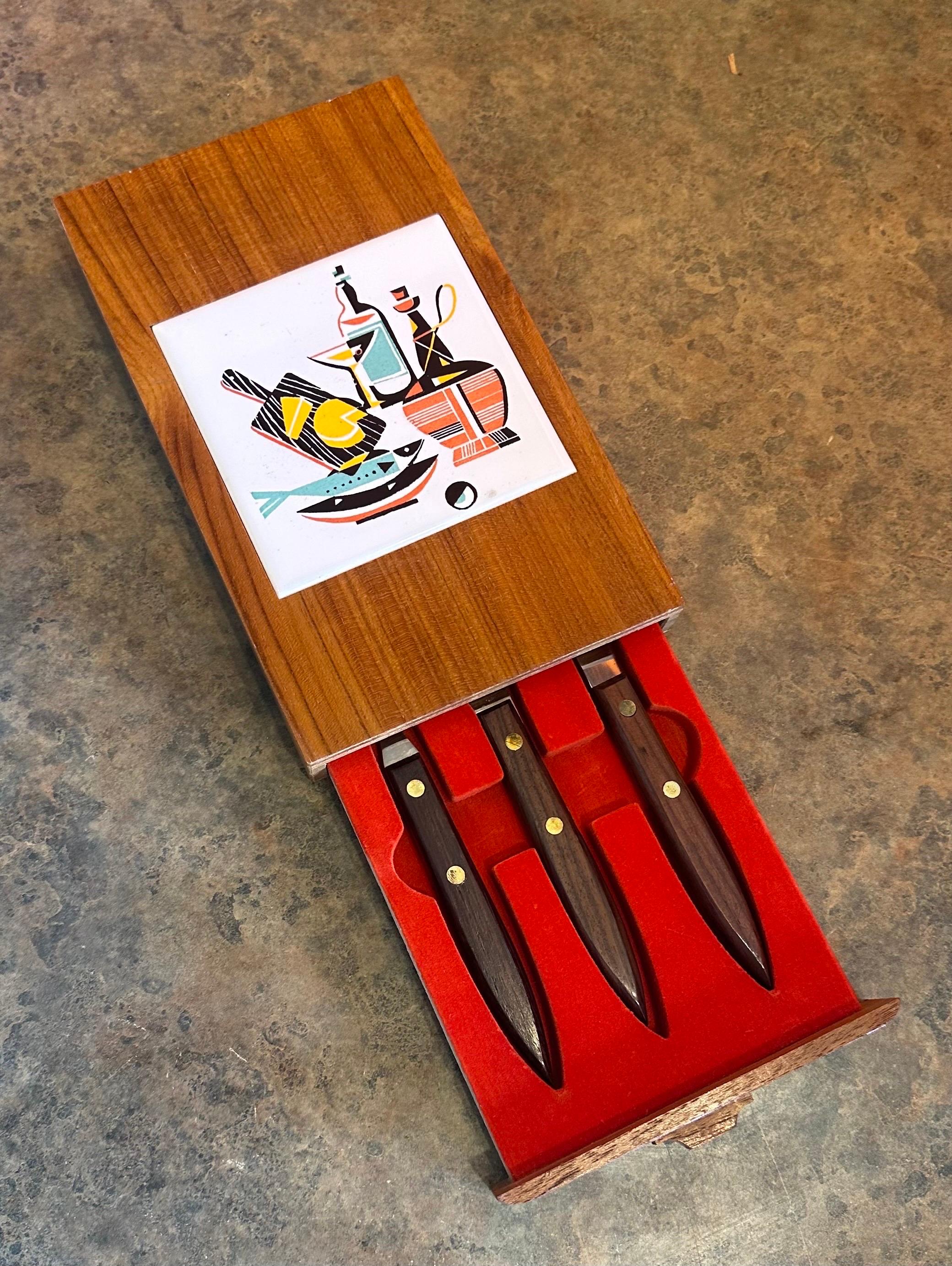 Set of Three Walnut & Stainless Steel Barware Tools in Teak Box  For Sale 4