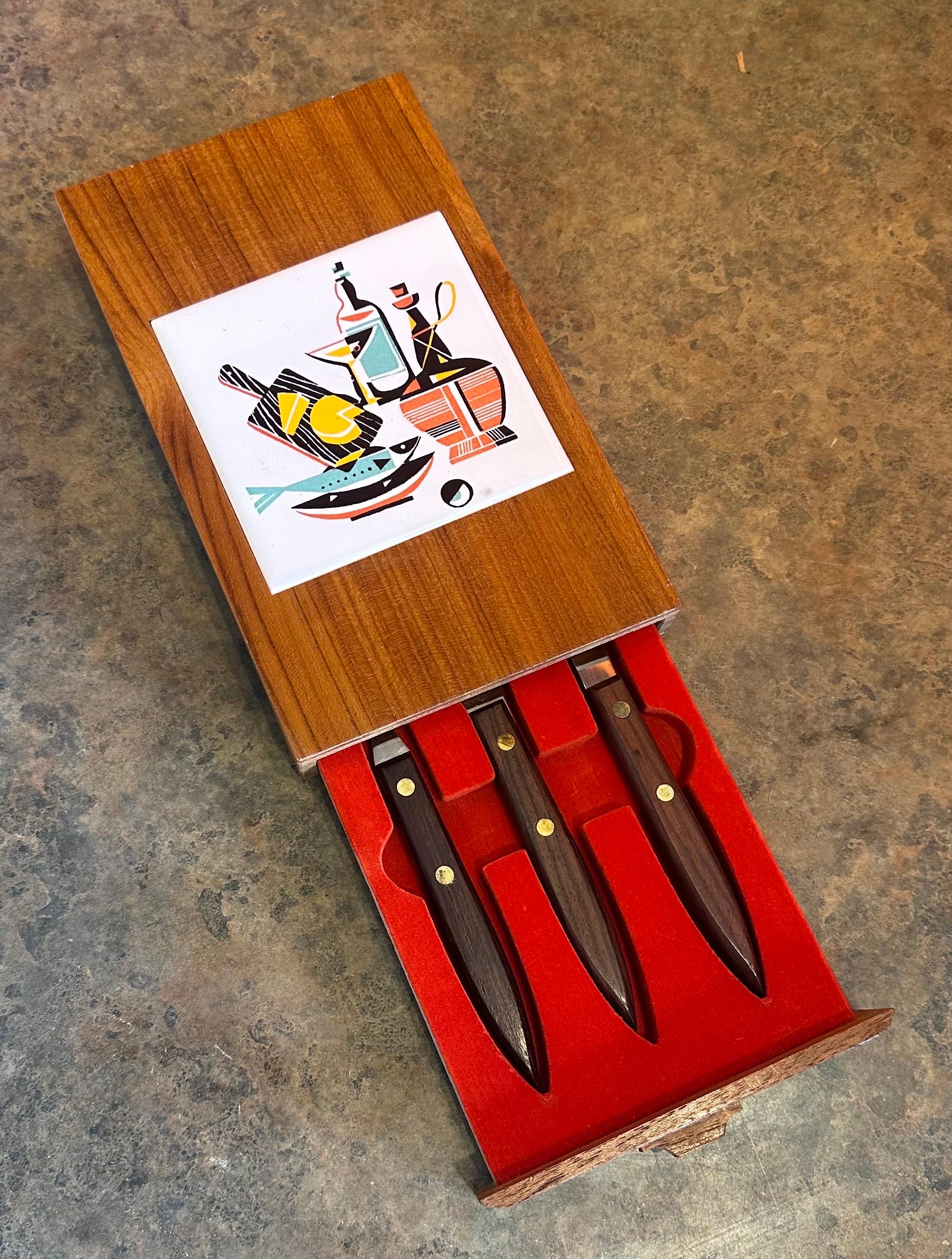 Set of Three Walnut & Stainless Steel Barware Tools in Teak Box  In Good Condition For Sale In San Diego, CA