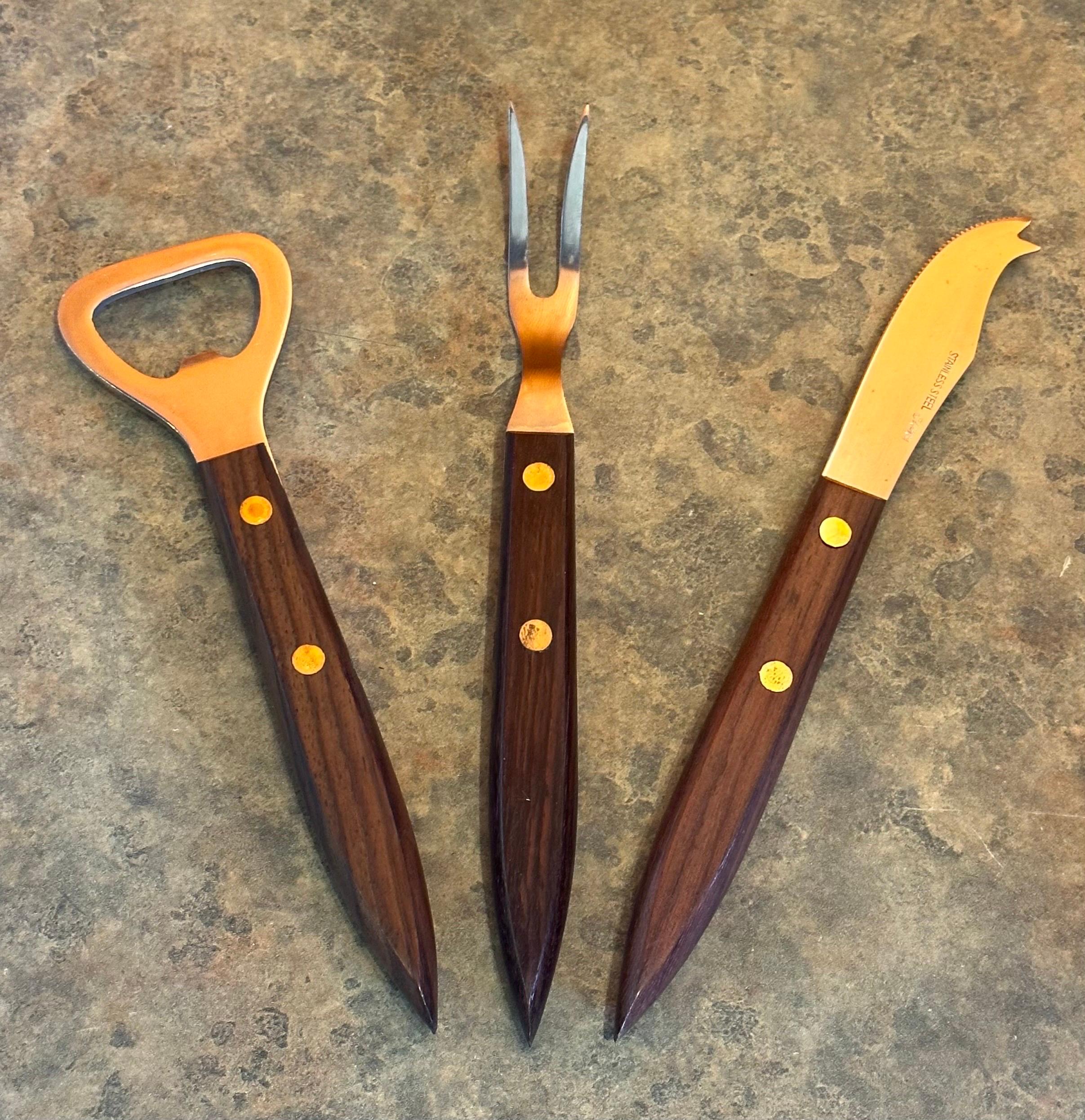 Set of Three Walnut & Stainless Steel Barware Tools in Teak Box  For Sale 3