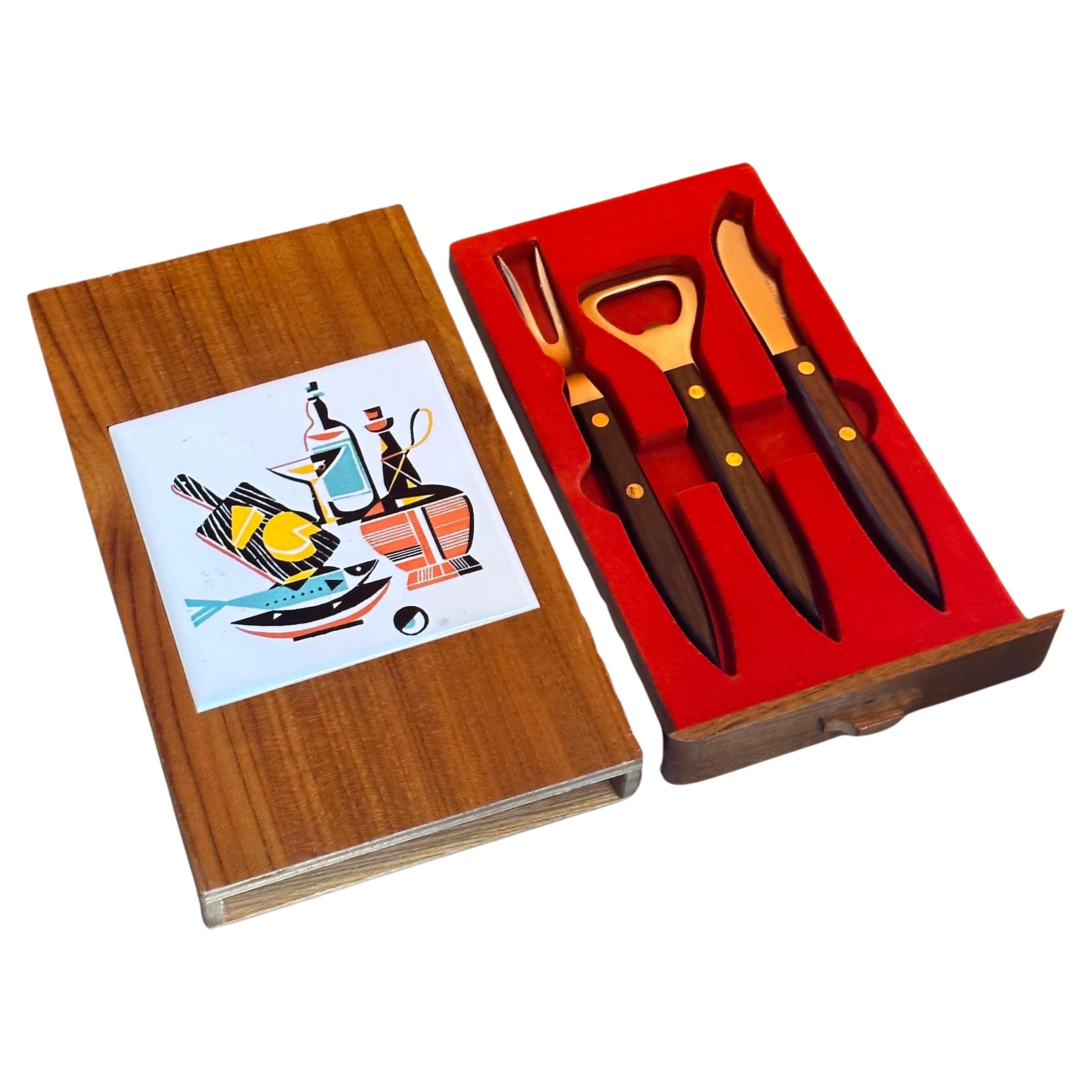 Set of Three Walnut & Stainless Steel Barware Tools in Teak Box For Sale