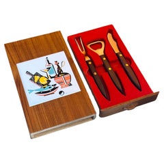 Set of Three Walnut & Stainless Steel Barware Tools in Teak Box 