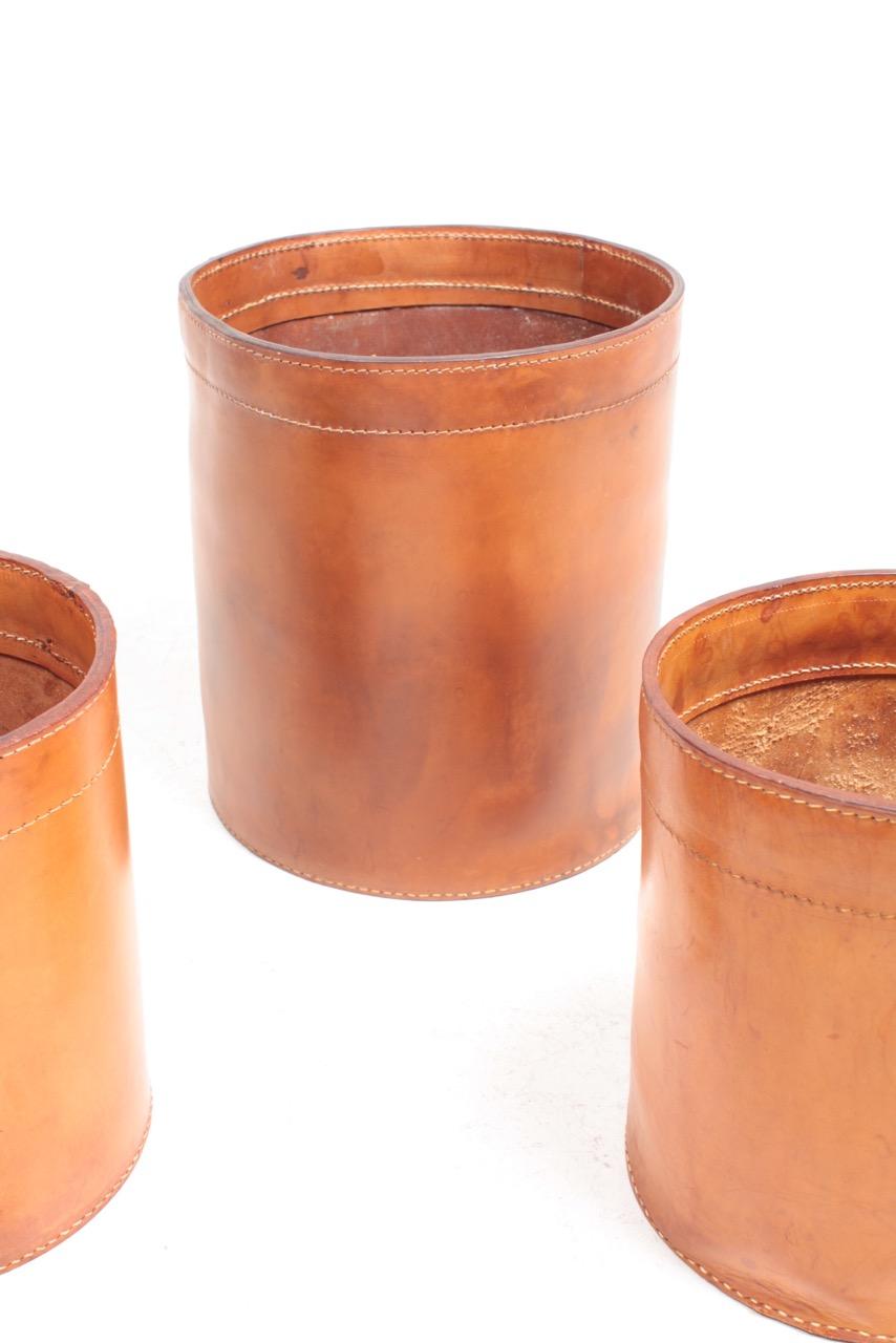 Set of Three Waste Bins in Patinated Leather by Torben Oerskov, Denmark In Good Condition In Lejre, DK