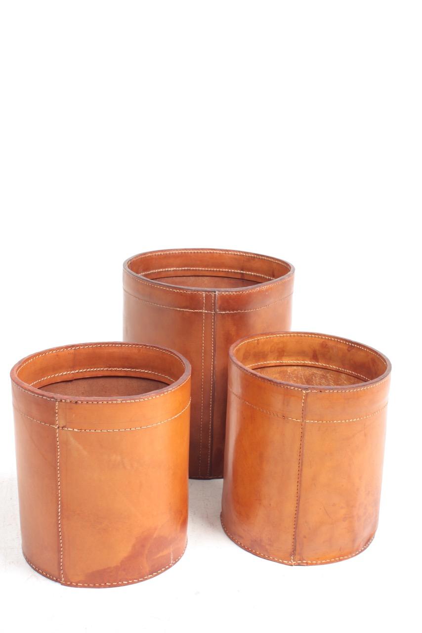 Set of Three Waste Bins in Patinated Leather by Torben Oerskov, Denmark 3