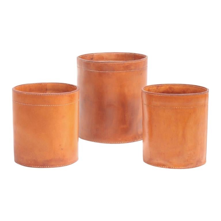 Set of Three Waste Bins in Patinated Leather by Torben Oerskov, Denmark
