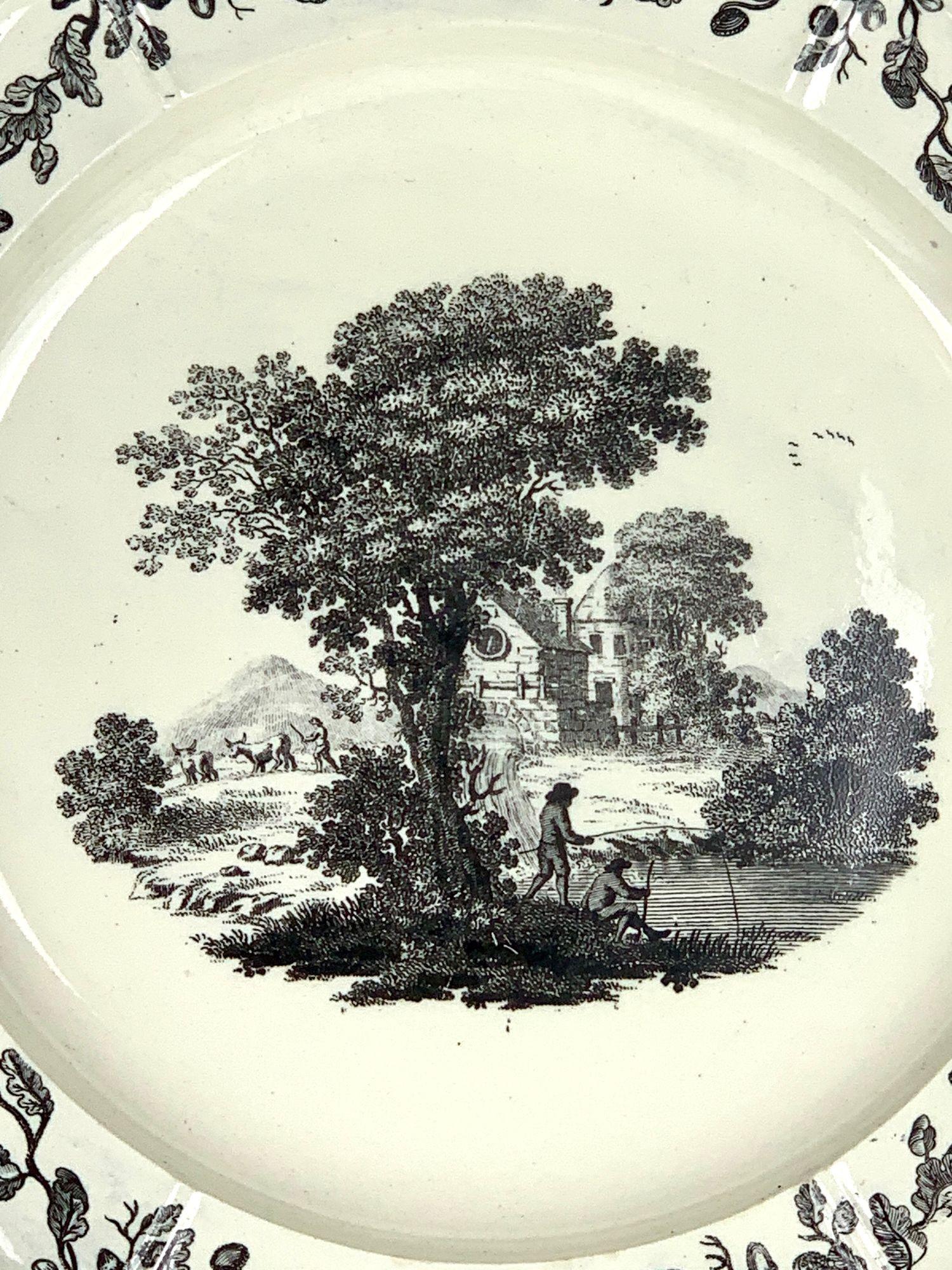 Ceramiche Wedgwood Set di tre piatti Wedgwood Creamware con stampe di paesaggi Inghilterra 18° secolo in vendita