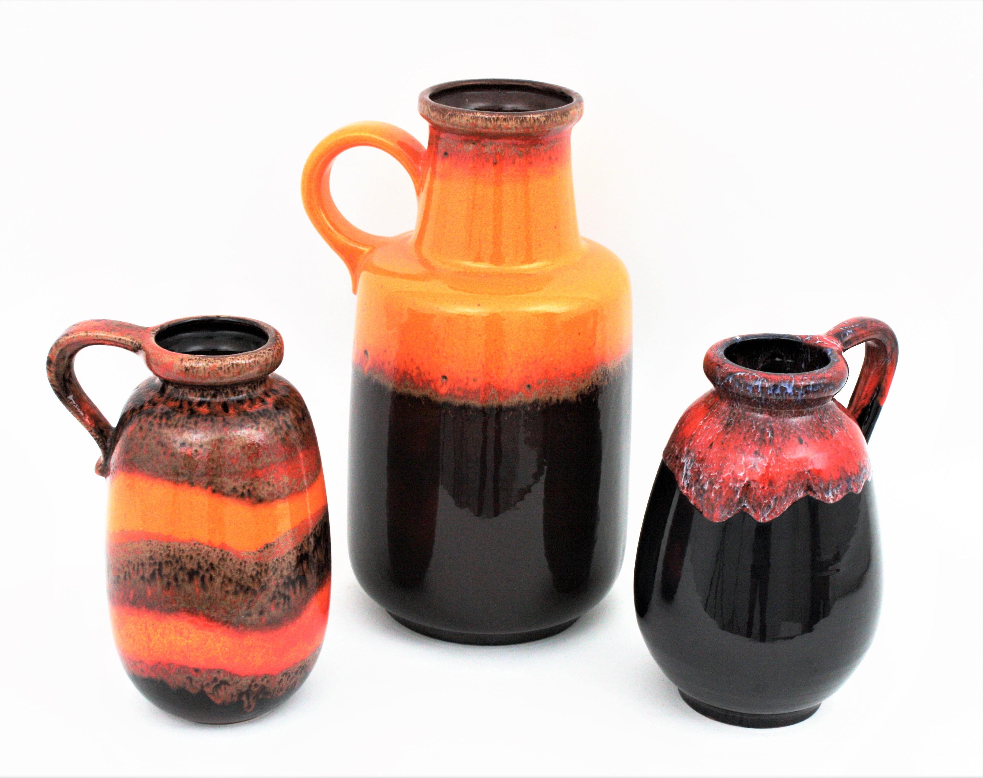 Clay Set of Three West German Scheurich Keramik Fat Lava Glazed Ceramic Vases / Jars For Sale