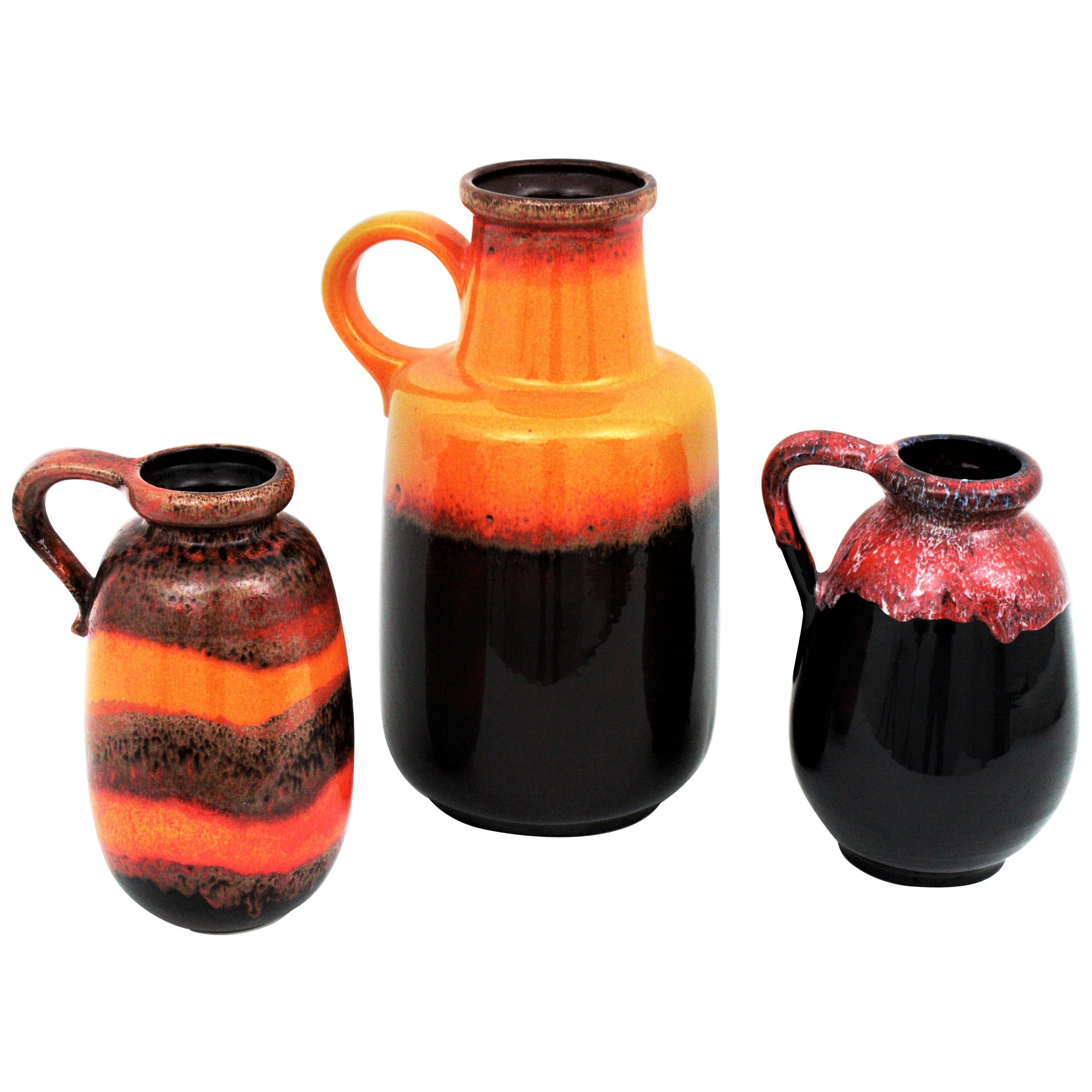 Set of Three West German Scheurich Keramik Fat Lava Glazed Ceramic Vases / Jars For Sale