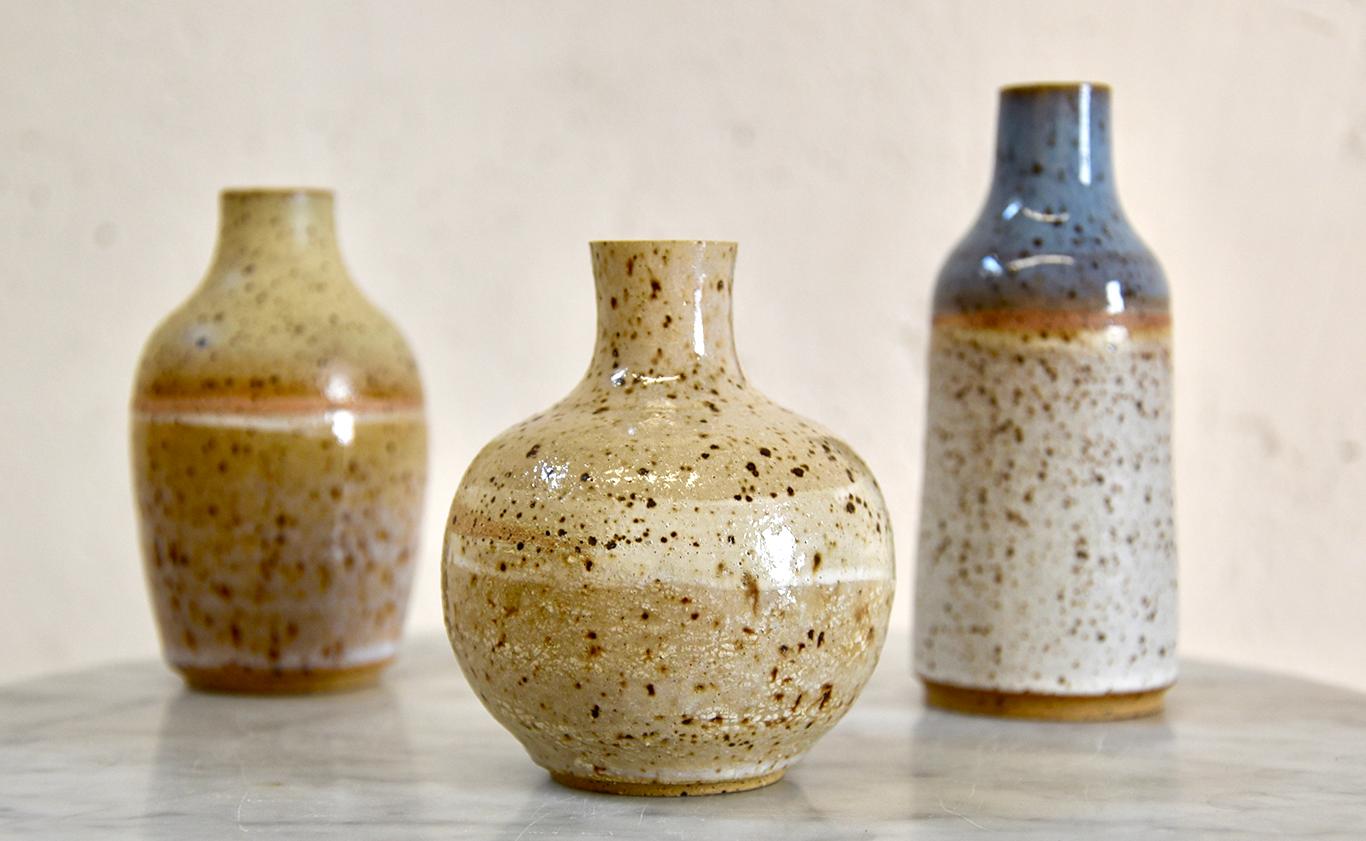 Modern Set of Three Wheel-Thrown Ceramic Stoneware Mini Bottles by Signe Yberg For Sale