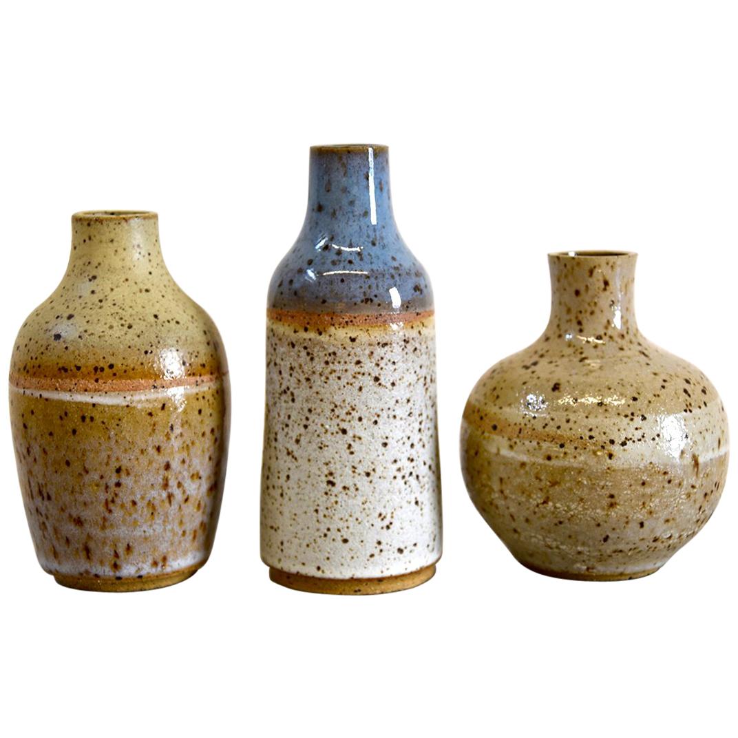 Set of Three Wheel-Thrown Ceramic Stoneware Mini Bottles by Signe Yberg For Sale
