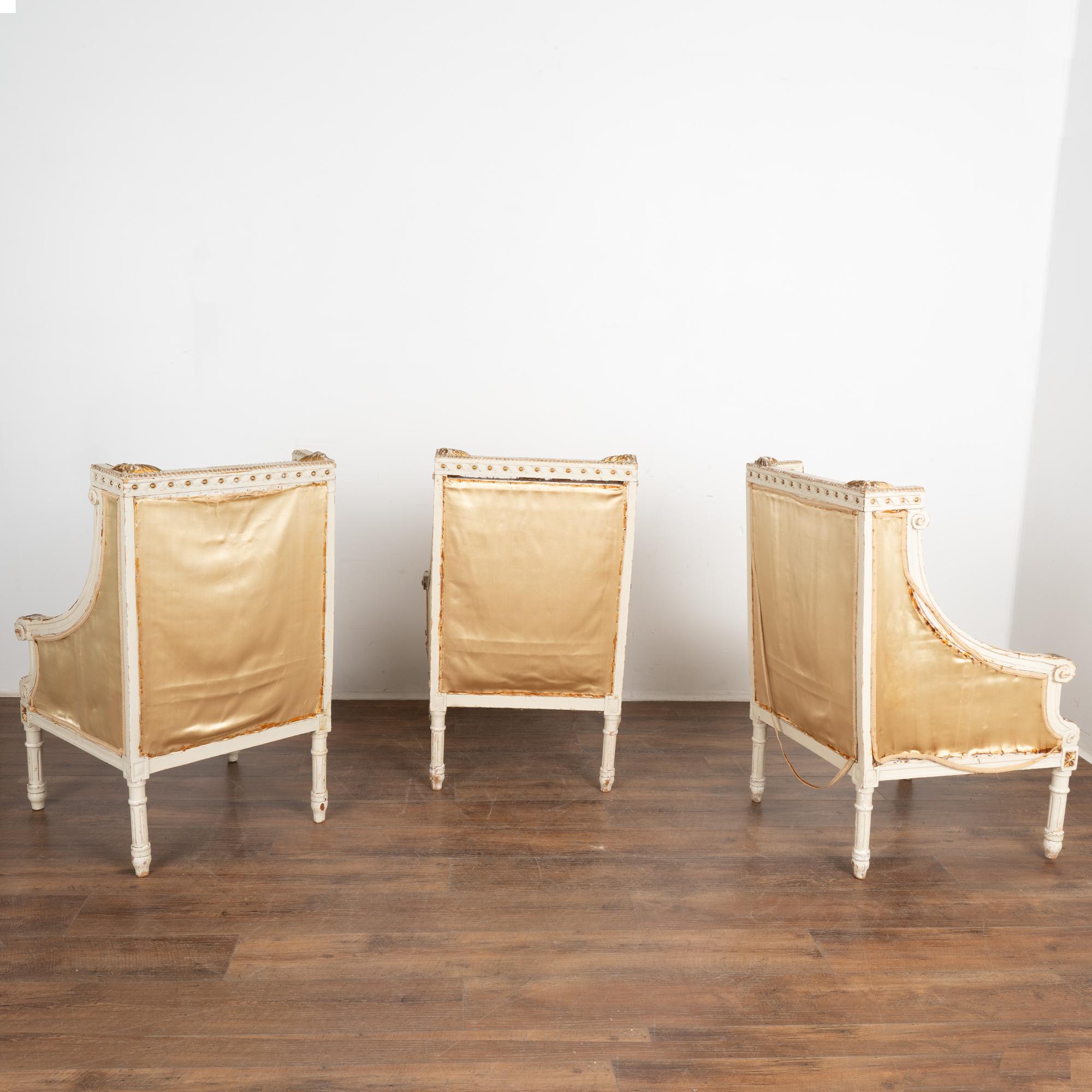 Set of Three White and Gold Arm Chairs, France circa 1890 For Sale 6