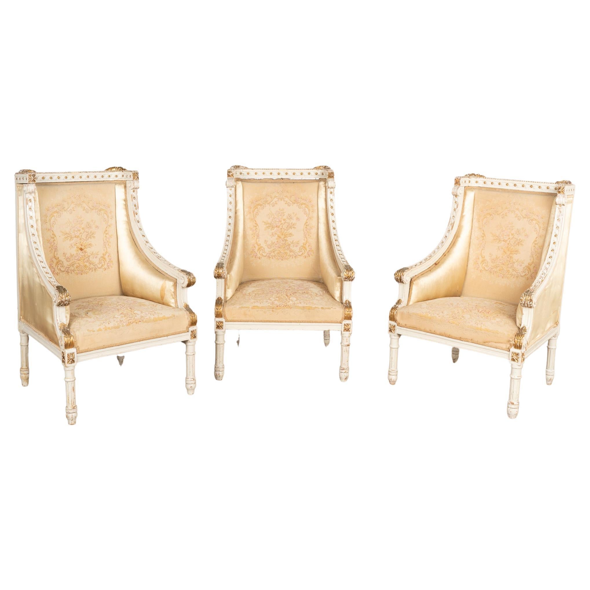 Set of Three White and Gold Arm Chairs, France circa 1890 For Sale