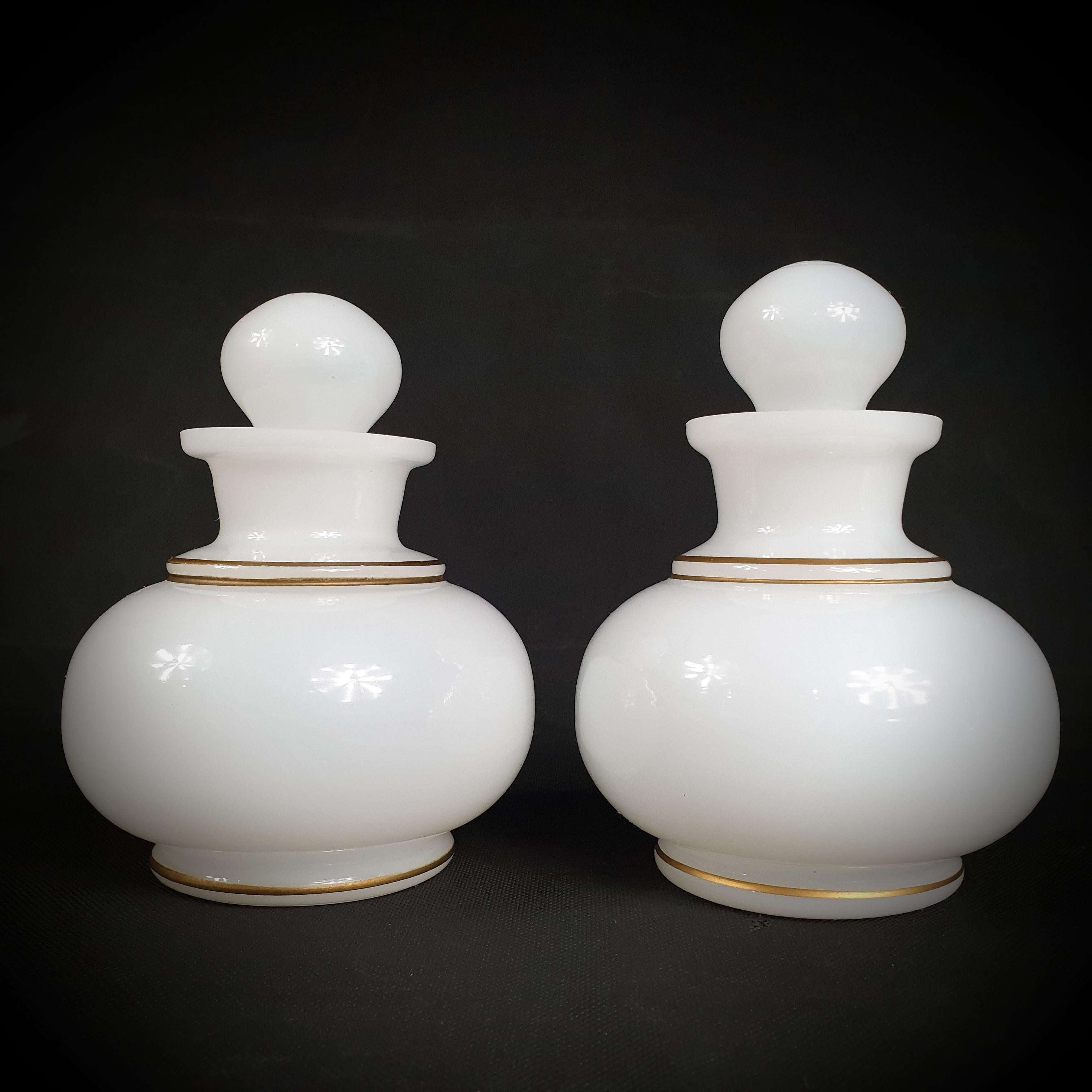 French Set of Three White Opaline Bohemian Glass Goblet Shaped Lidded Bottles Jars  For Sale