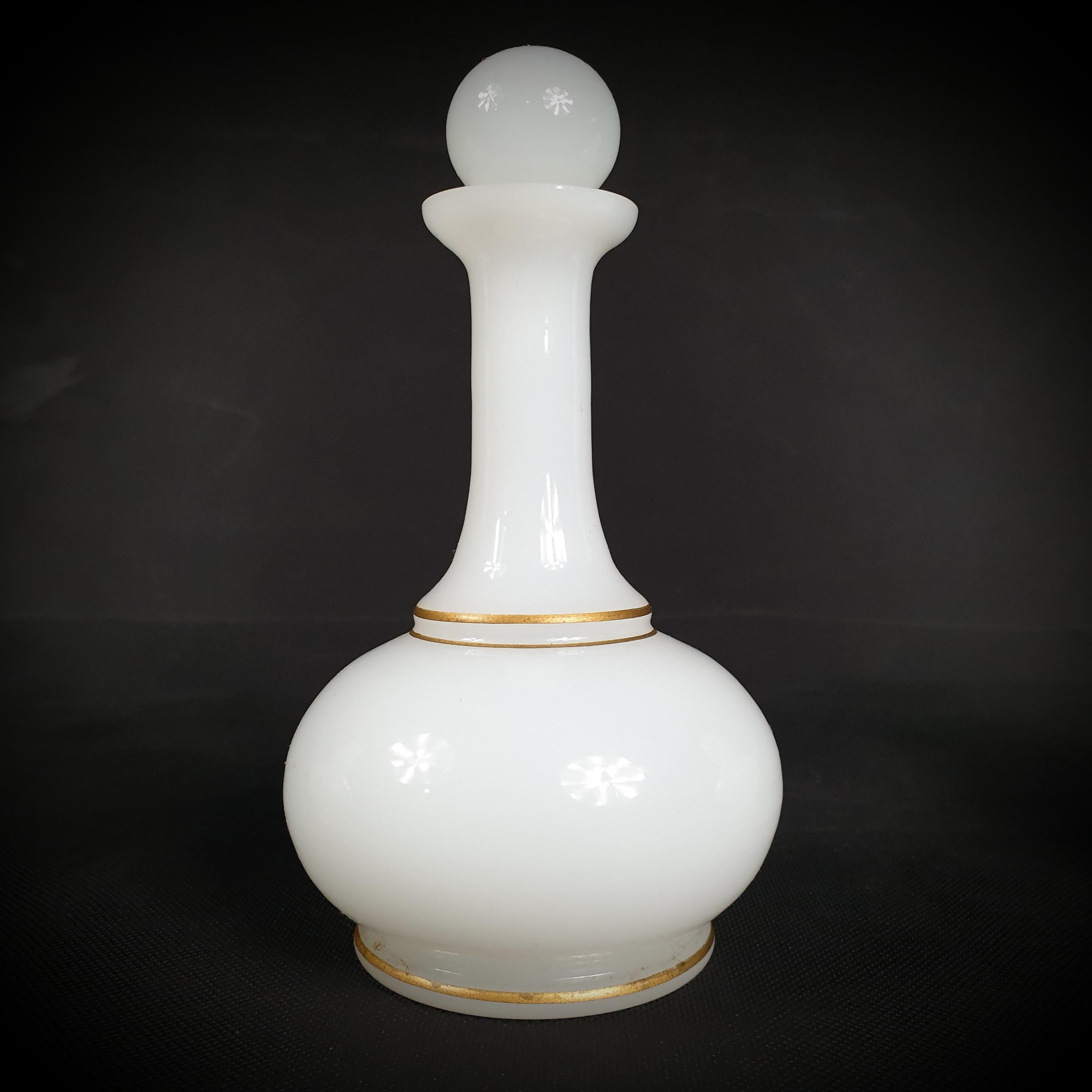 Gilt Set of Three White Opaline Bohemian Glass Goblet Shaped Lidded Bottles Jars For Sale