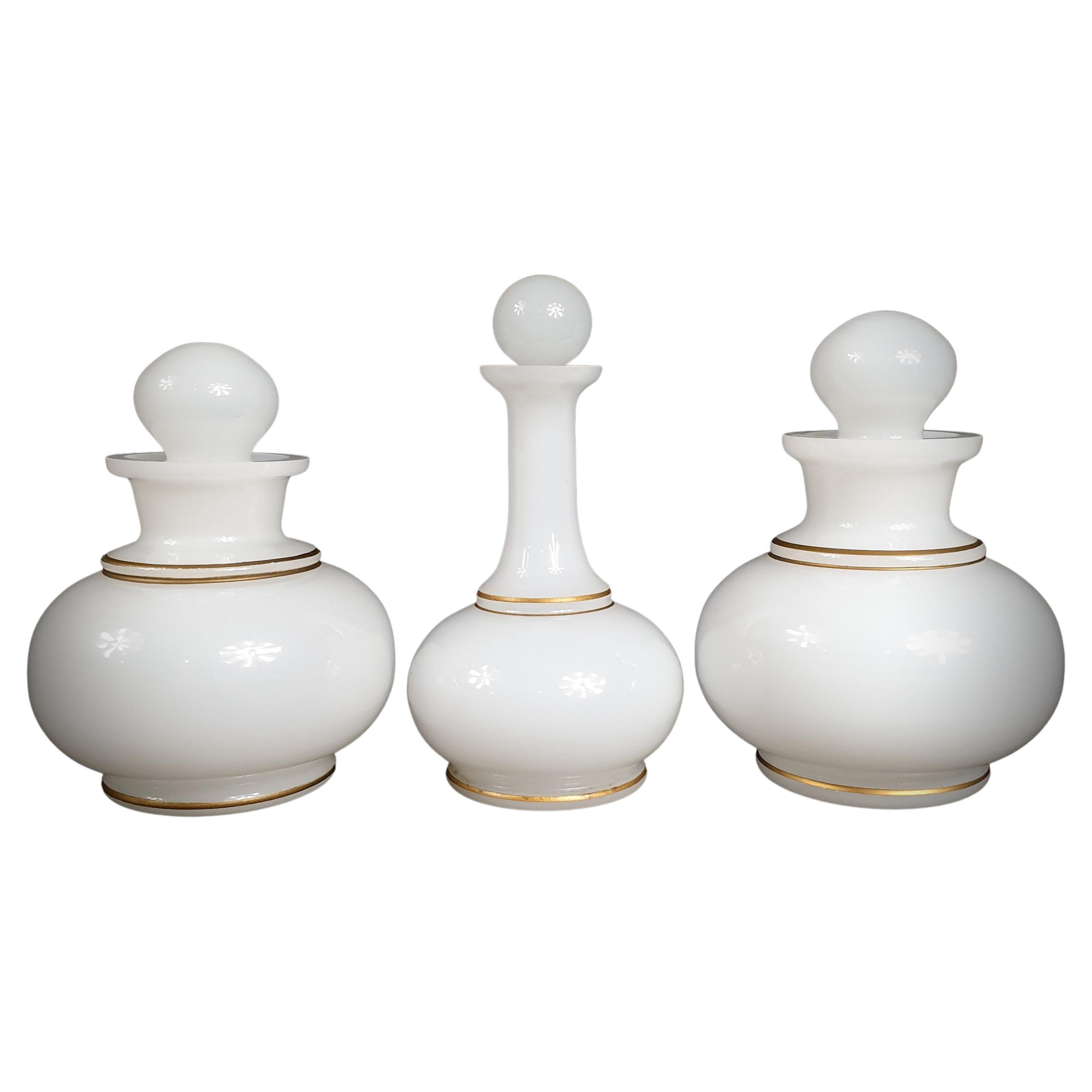 Set of Three White Opaline Bohemian Glass Goblet Shaped Lidded Bottles Jars  For Sale