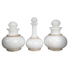 Set of Three White Opaline Bohemian Glass Goblet Shaped Lidded Bottles Jars