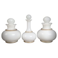 Used Set of Three White Opaline Bohemian Glass Goblet Shaped Lidded Bottles Jars 