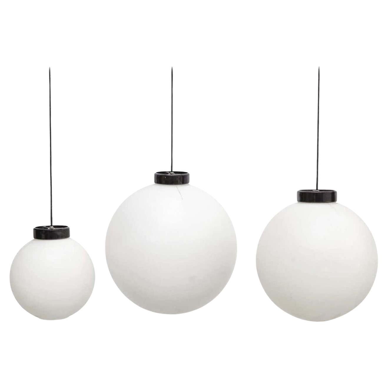 Set of Three White Pending Lamps by Miguel Mila for Tramo in Plastic, circa 1970