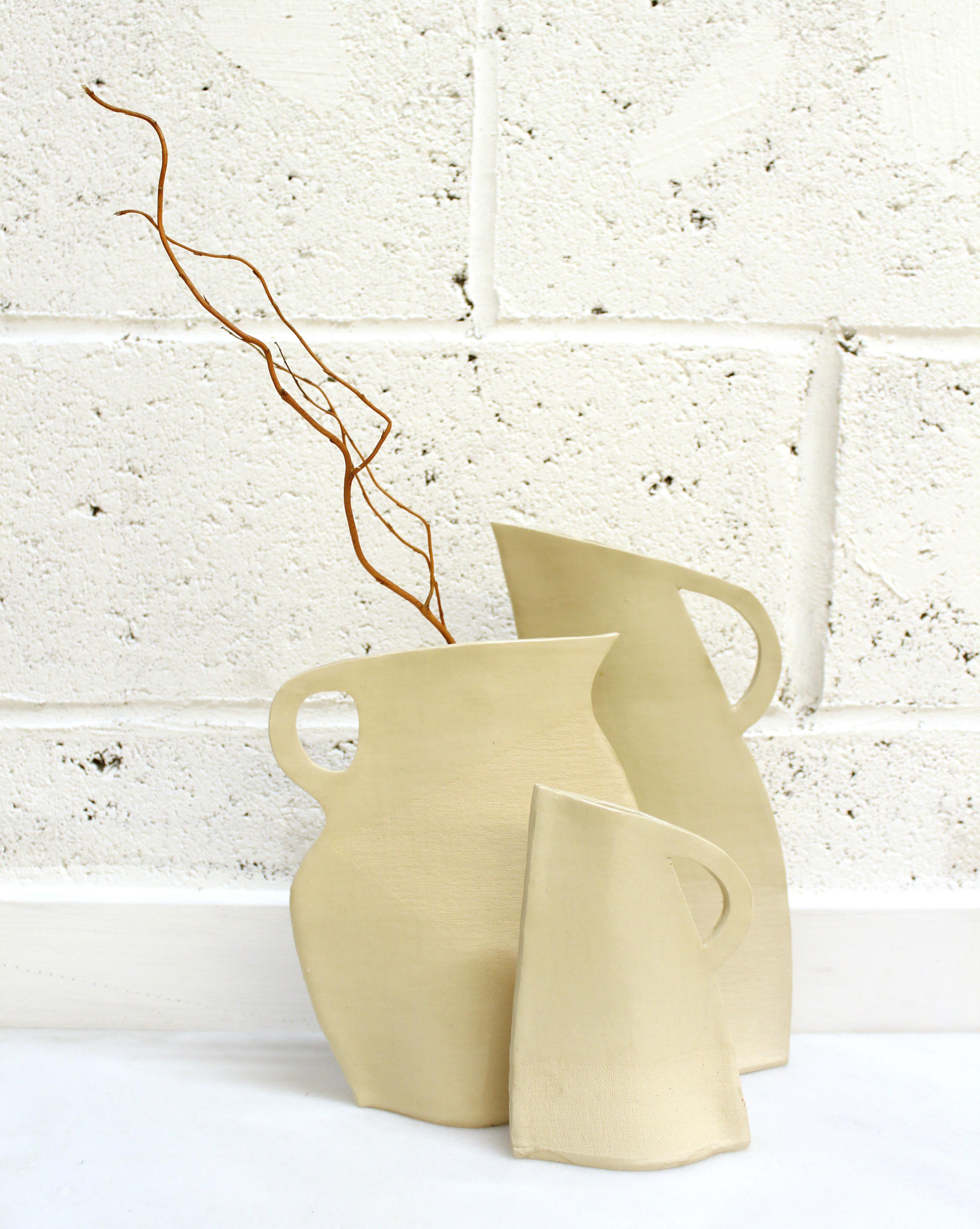 Modern Set of Three White Stoneware Flat Vases by Alison Owen For Sale
