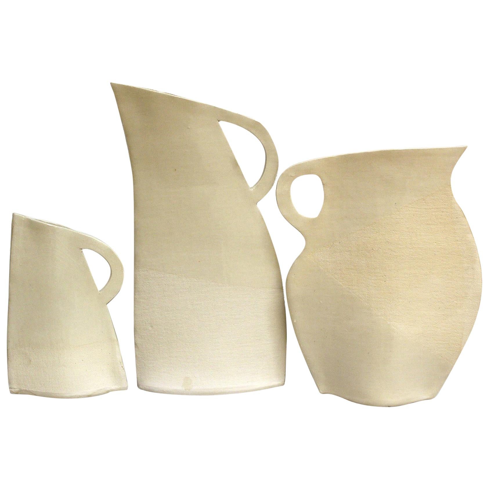 Set of Three White Stoneware Flat Vases by Alison Owen For Sale