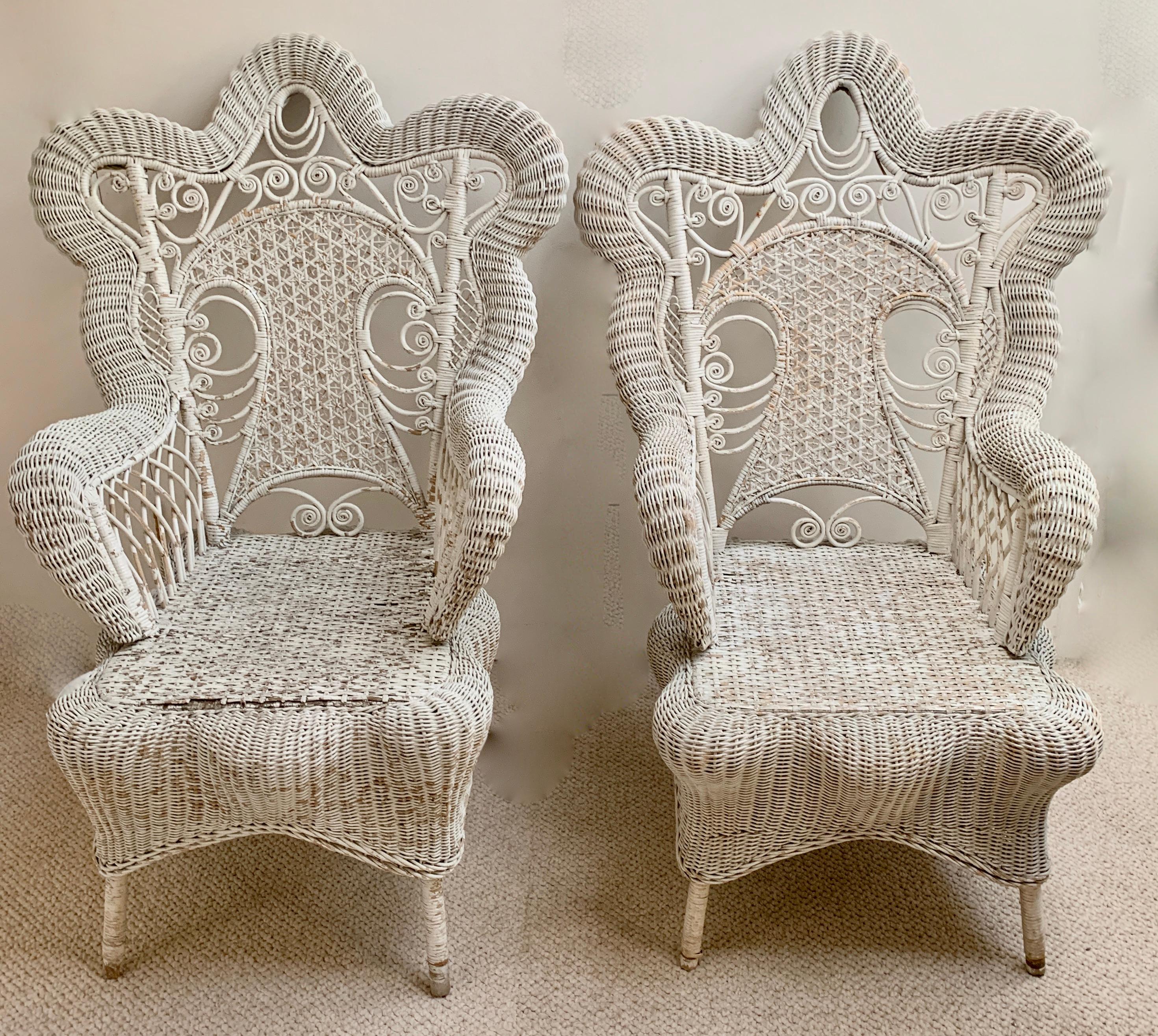 Set of Three White Victorian Wicker Chairs 8