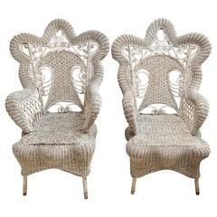 Set of Three White Victorian Wicker Chairs