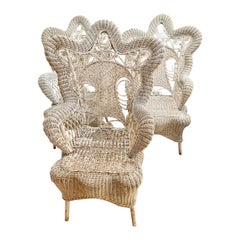 Antique Set of Three White Victorian Wicker Chairs