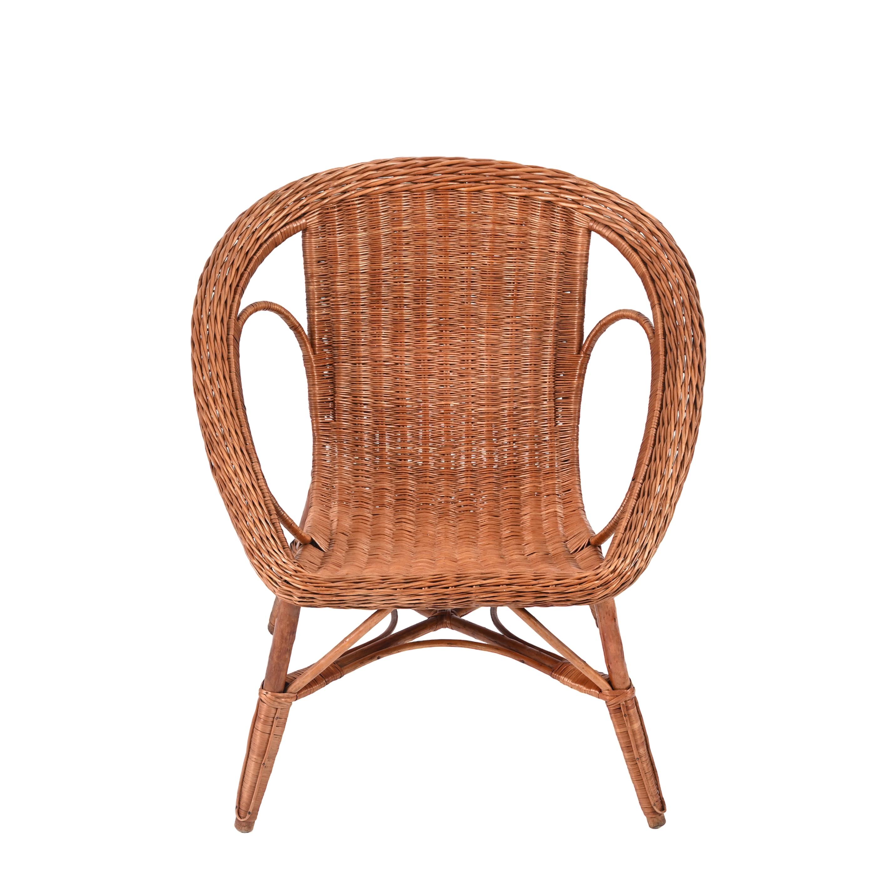 Italian Set of Three Wicker and Wood Armchairs and Table, Italy 1960s